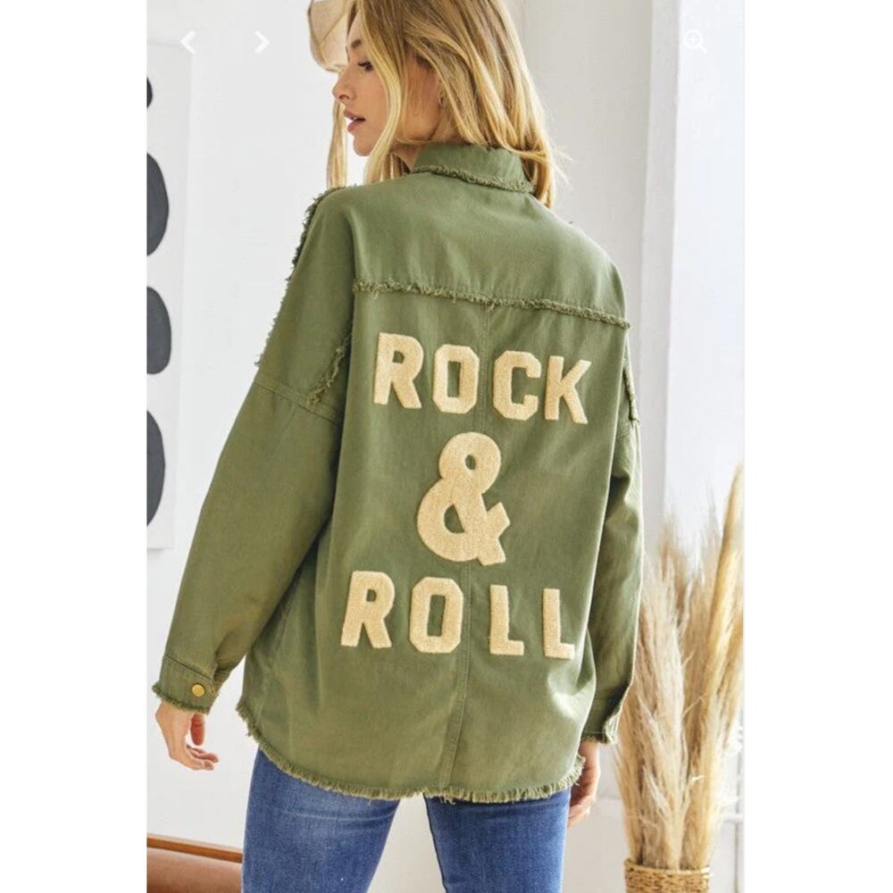 Davi & Dani Women’s Olive Green “Rock & Roll” Frayed Utility Jacket. Sz L  NEW - Picture 2 of 13